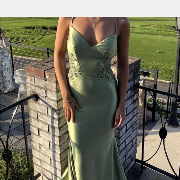 Sherri Hill Olive Green Spaghetti Strap Prom Gown